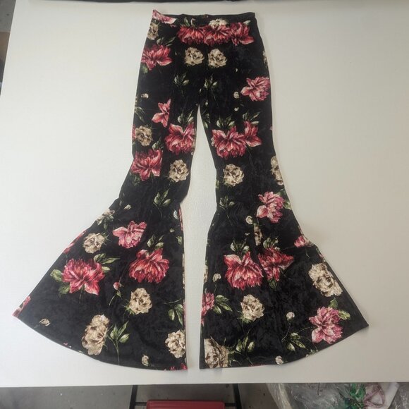 Hershe Boutique Size Small Crushed Velvet Flare Legged Pants Navy Floral - Picture 2 of 11